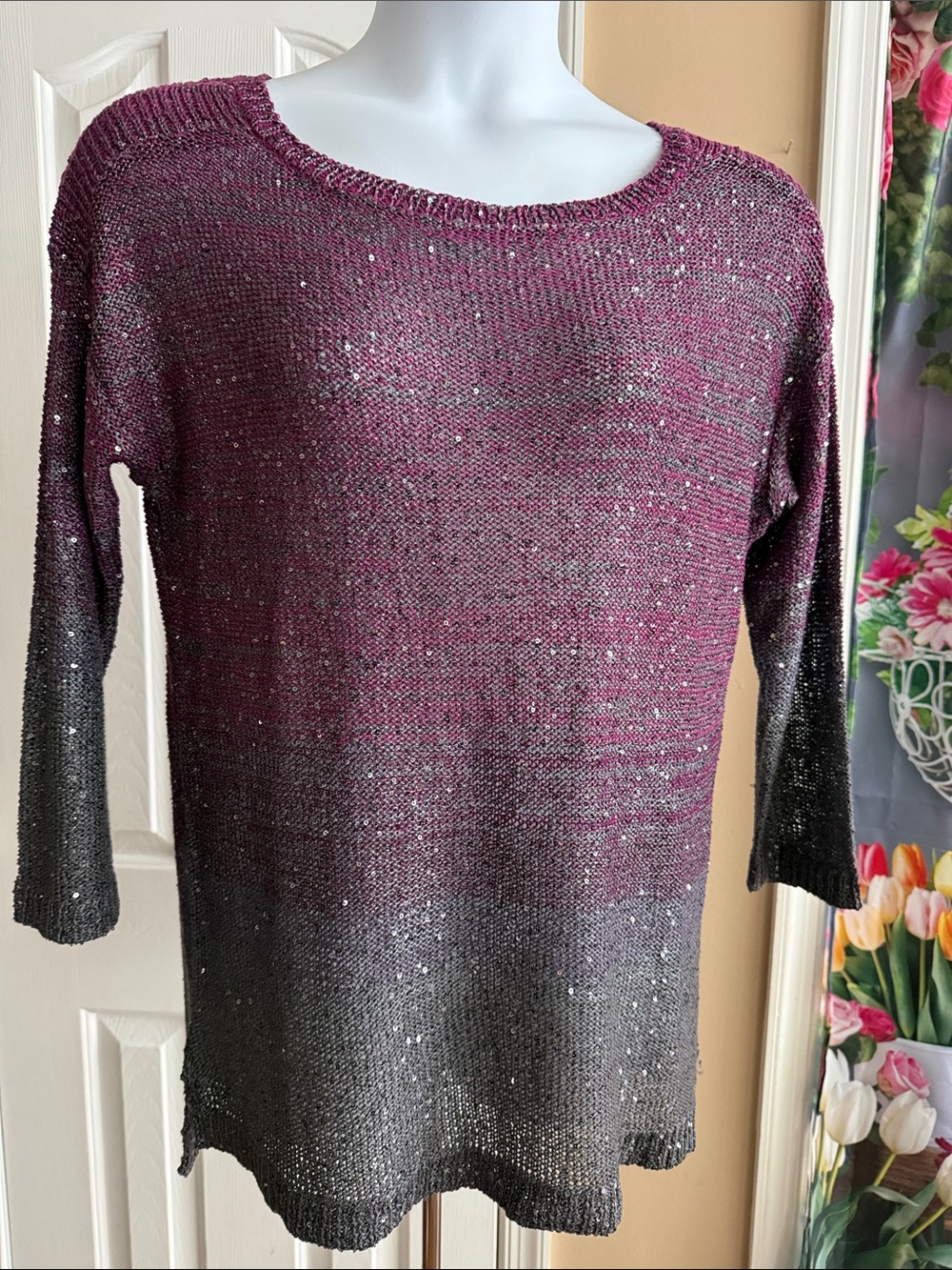 Women's Ombre Sequin Knit sweater- Plum to Gray